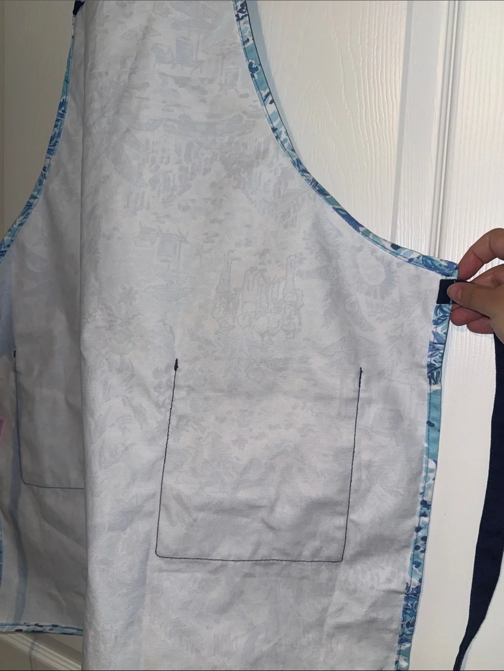 Lilly Pulitzer Light Blue Toile Apron with Navy Pockets and Gold Script